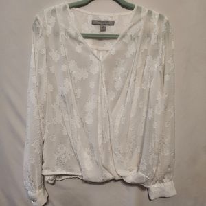 White Sheer Floral Wrap Long Sleeve Blouse